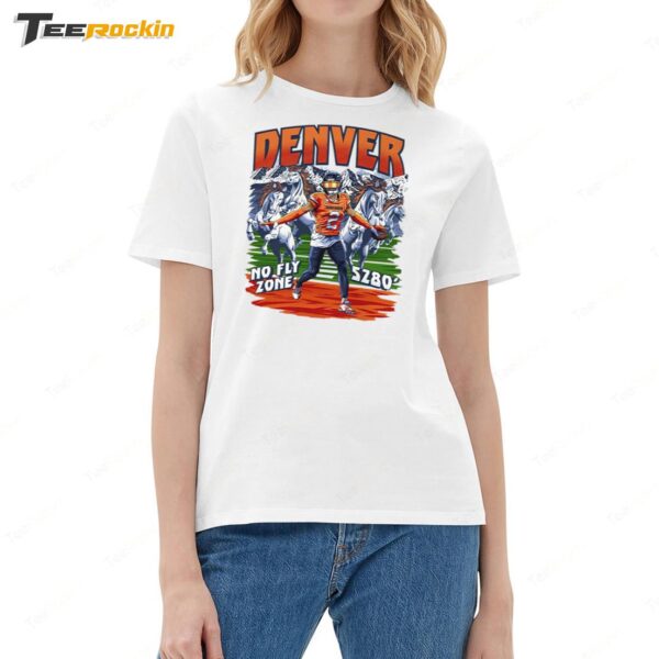 Denver Broncos No Fly Zone SZ80 Dark Horse X Pat Surtain 2024 Ladies Boyfriend Shirt